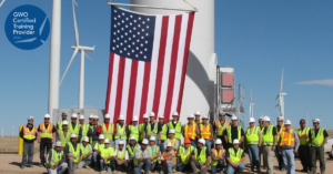 What is onsite GWO training? Technicians onsite at a wind farm